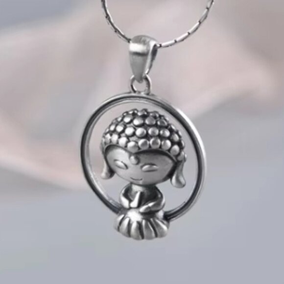 LITTLE BUDDHA CIRCLE PENDANT-Pure 925 Silver-Small-Tibet-Lotus-Osho- - Picture 7 of 7